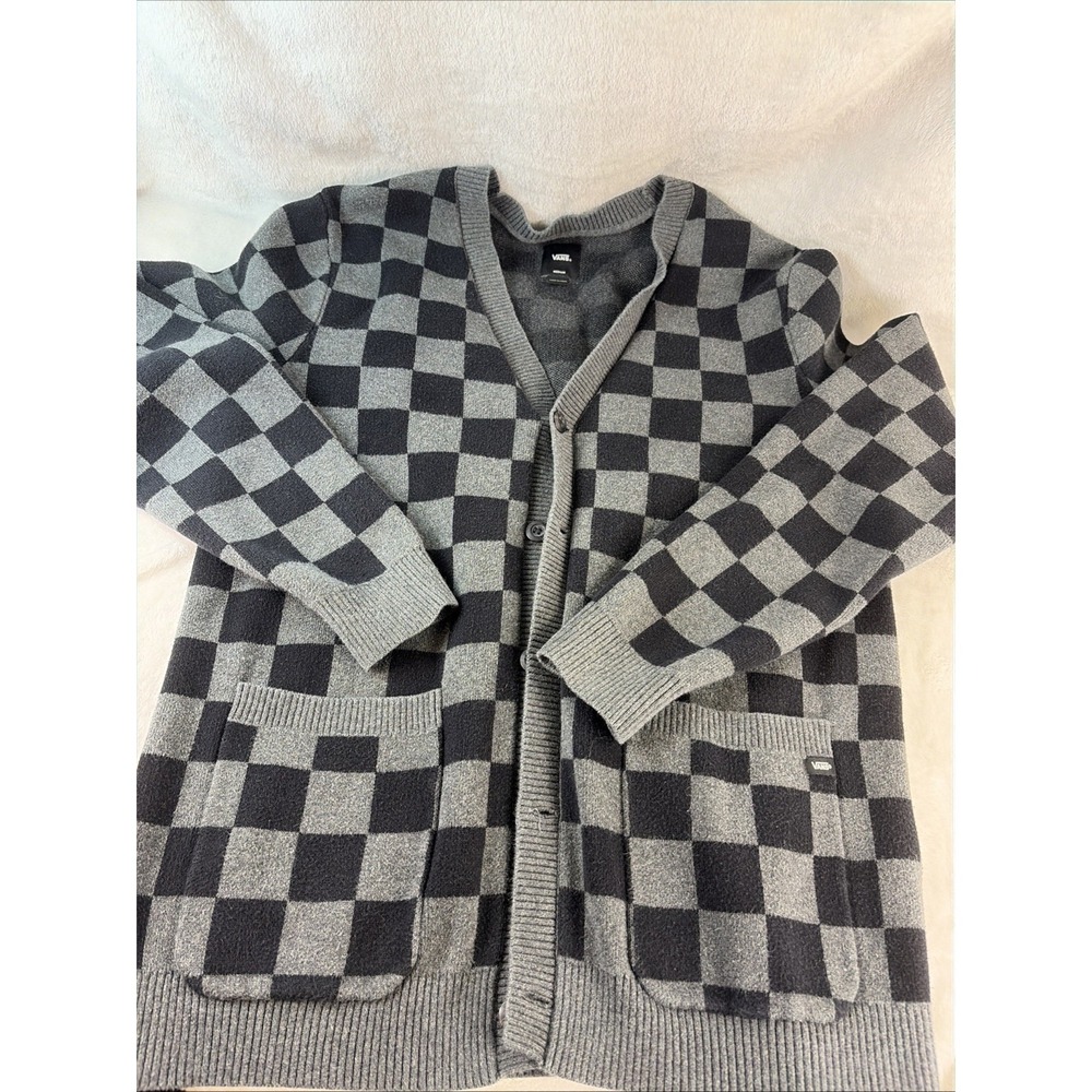 Vans Off The Wall Men's Medium Gray Black Checkerboard Knit Cardigan Sweater EUC